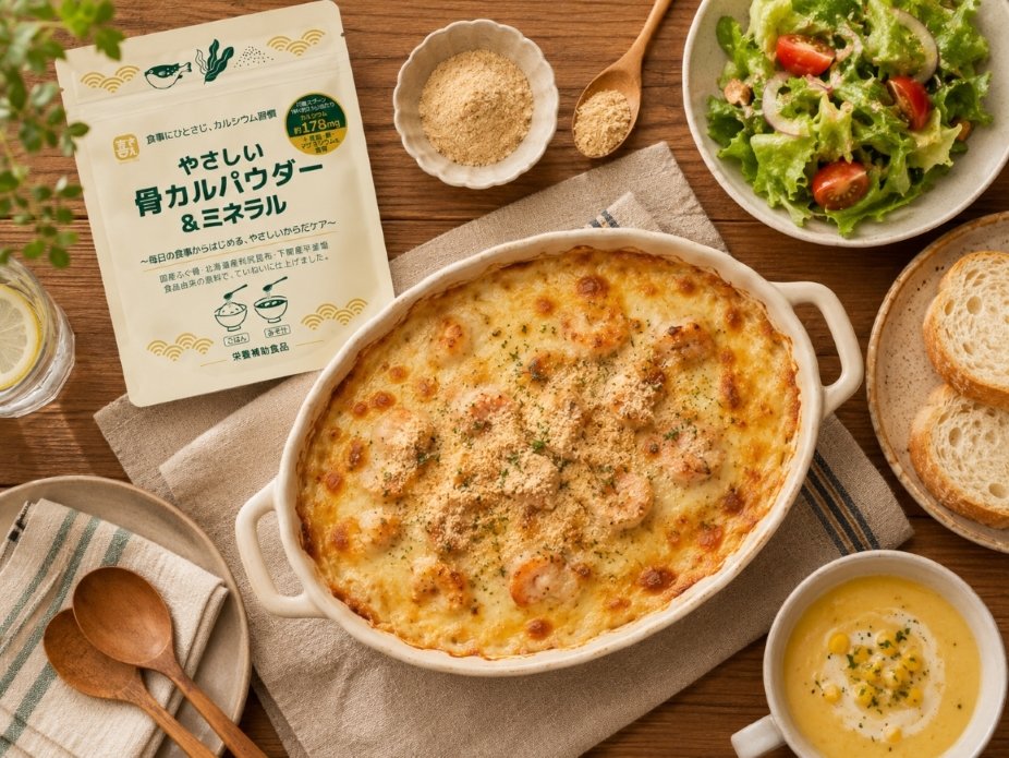 白いテーブルに商品パッケージ、計量スプーン、原材料表示、栄養成分表示の紙を整然と並べた物撮り