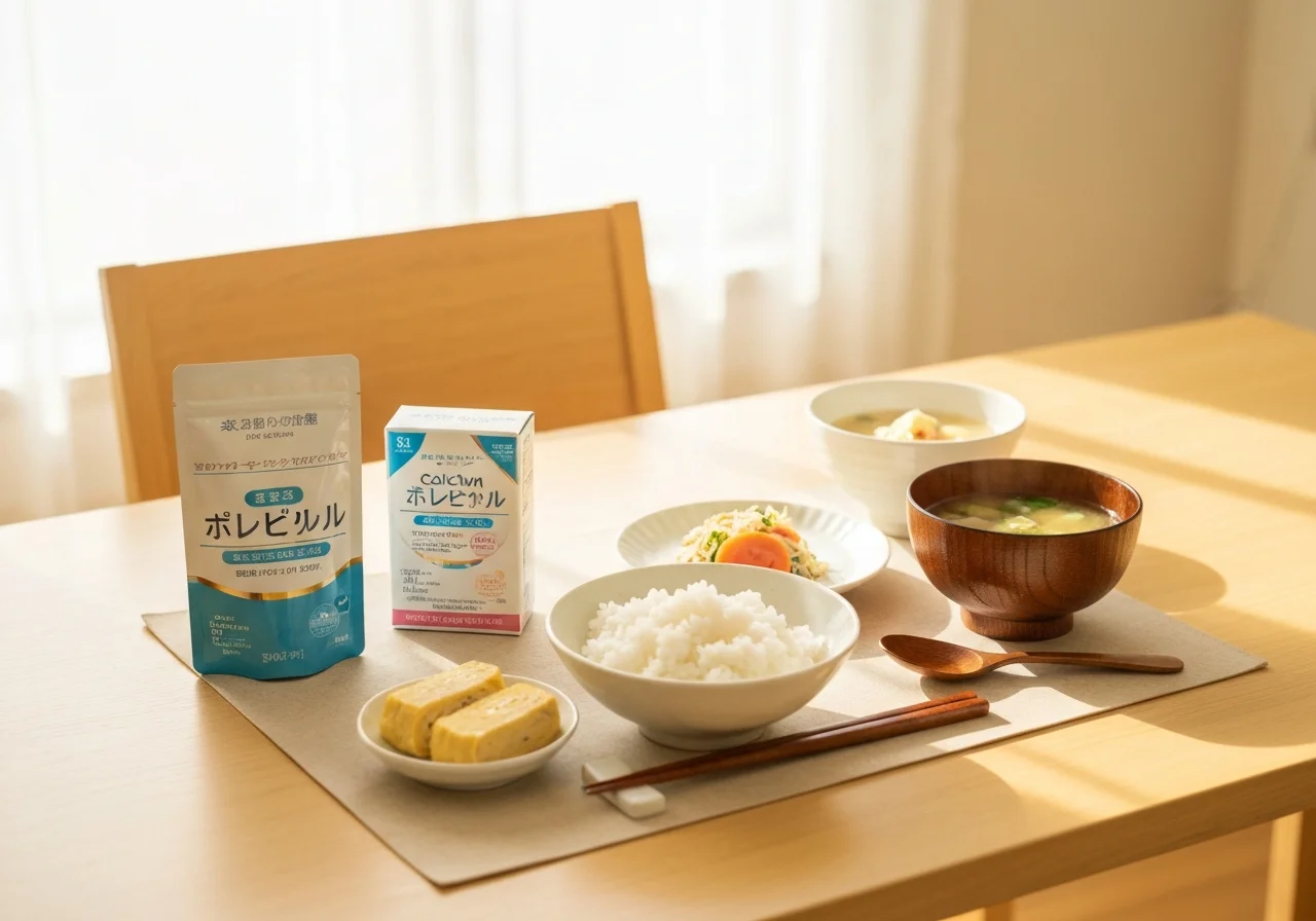 Dinner table with seasoned rice served in white bowls and tableware set out for the family