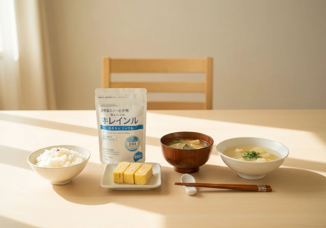 Still life on a white table with the product package, measuring spoon, ingredient label, and nutrition facts label neatly arranged