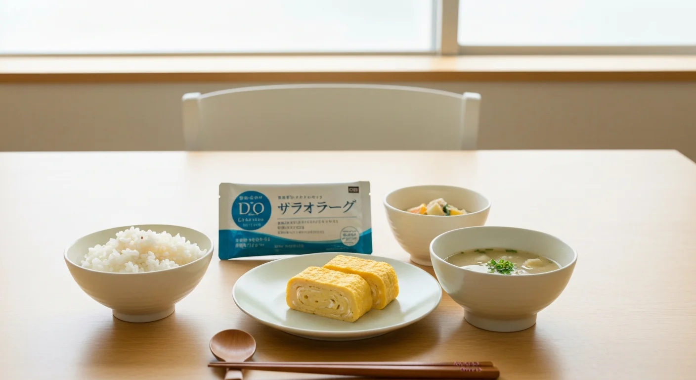 Preparation scene on a white kitchen counter with the product package, measuring spoon, bowl of miso soup, and rice bowl neatly arranged