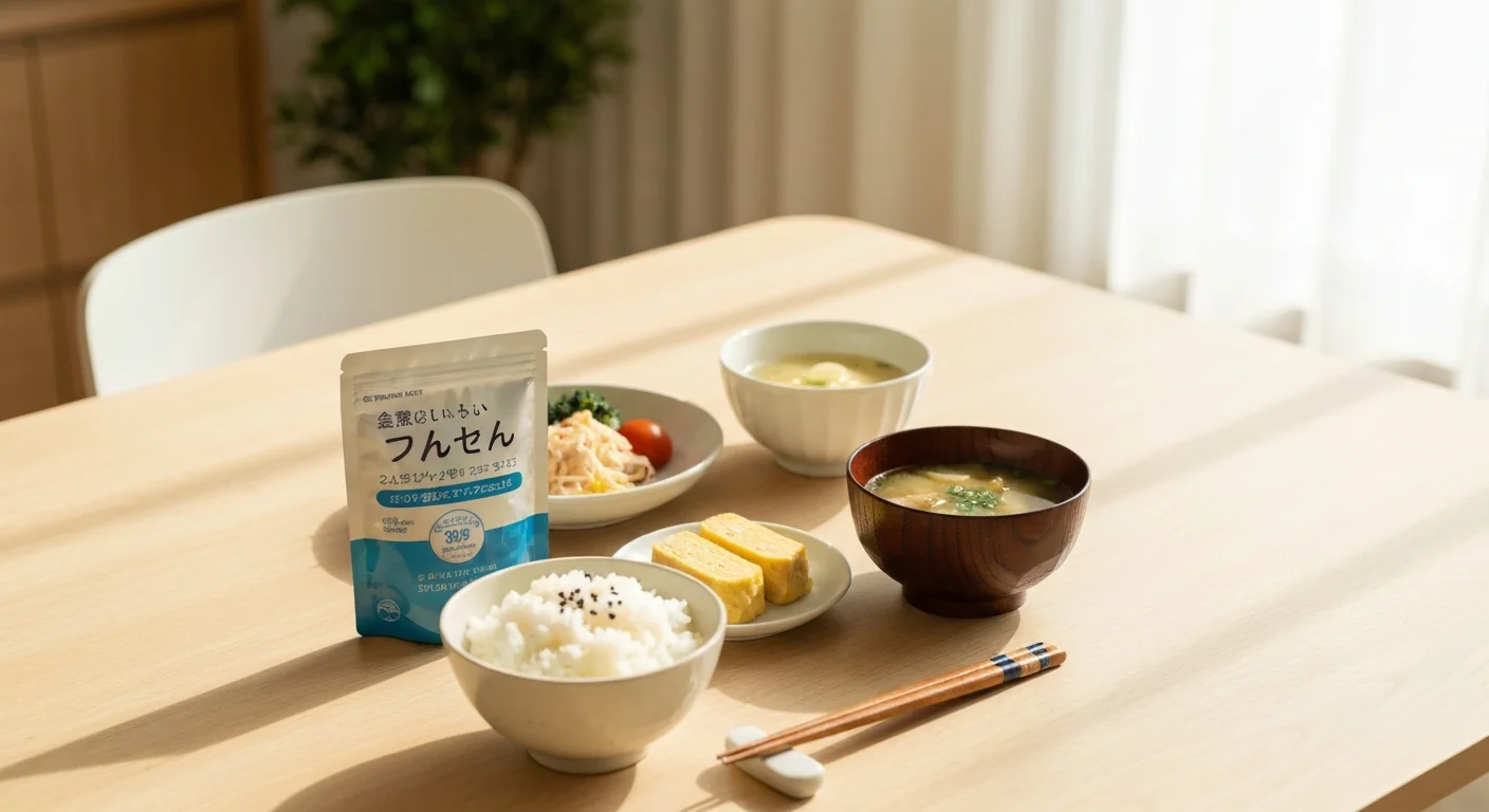 A photo of products placed on a bright kitchen counter while preparing a meal
