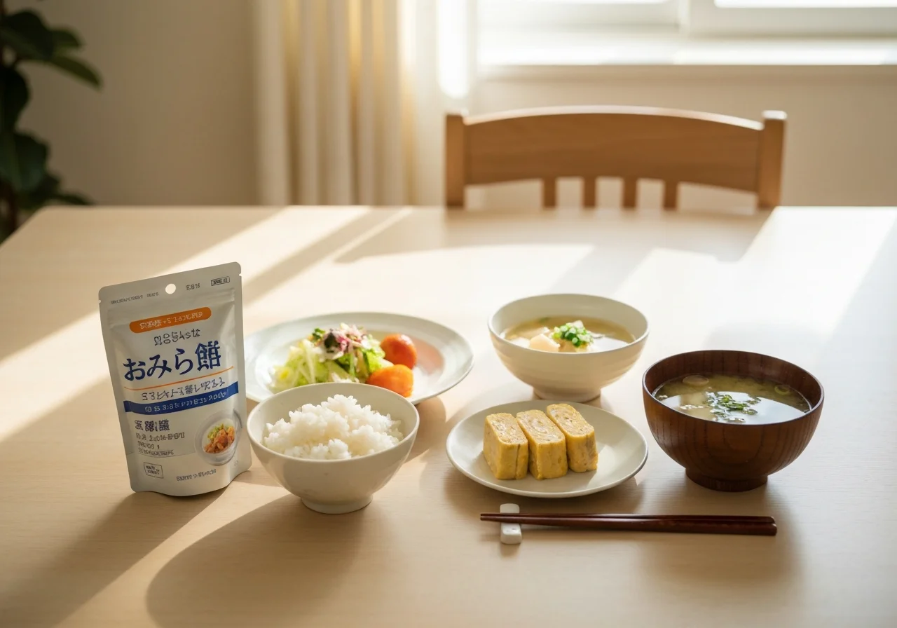 Family lunch table with tamagoyaki on a white plate, a small side dish, a rice bowl, and a soup bowl
