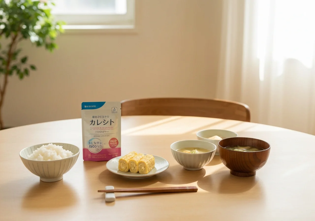 Wide view of a family breakfast table with the product package, freshly cooked rice, miso soup, grilled fish, and side dishes